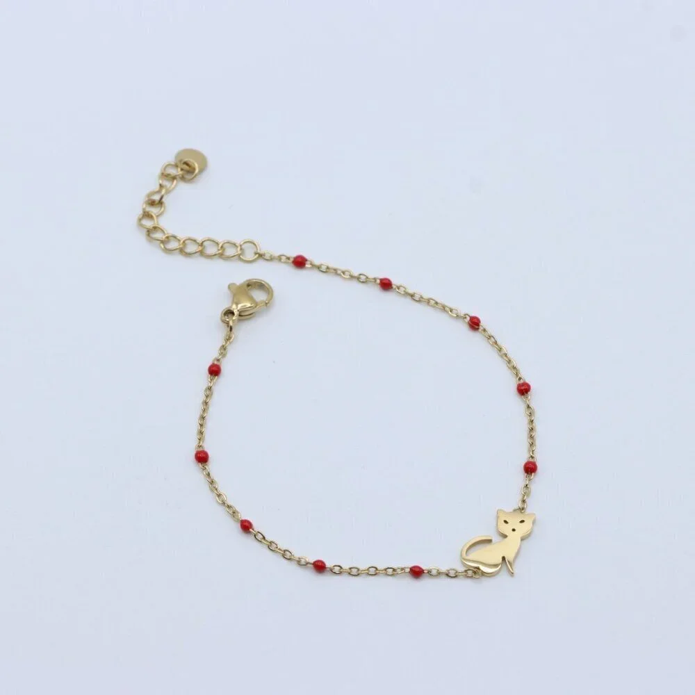 Charming Gold Plated Yellow Cat Bracelet with Red Beads, XPBL0663
